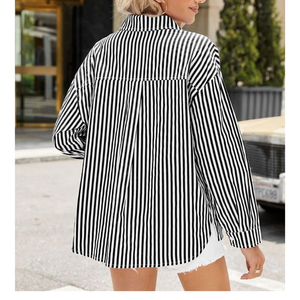 เสื้อเชิ้ตผู้หญิงแขนยาวลายทาง คอเหลี่ยม ติดกระดุม มีกระเป๋า ระบายอากาศได้ดี เหมาะสำหรับใส่ทำงานในออฟฟิศ ขายดีช่วงซัมเมอร์ - Product Image 3