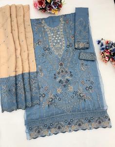 Costume pakistanais tendance en soie froissée avec broderies lourdes et travail Khatli. Achetez directement auprès du fournisseur. - Product Image 6