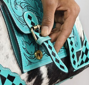 2026 New Luxury Turquoise Genuine Leather <b>Duffel</b> <b>Bag</b> With Cowhide Pattern And Florals Tooling Design Double Handle Carry Handbag - Product Image 5