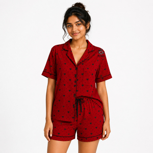 Tenue de nuit élégante deux pièces pour femme, motif cœur de luxe, rouge et noir, inspirée des vêtements grecs de la sororité Delta Sigma et des insignes maçonniques héritages - Product Image 1
