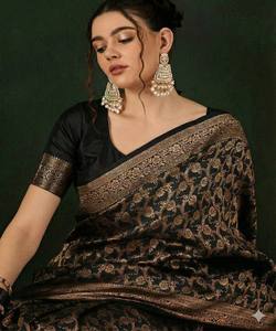 NOUVELLE ARRIVÉE Saree en Soie Lichi avec Pallu Riche et Broderie Jacquard, Blouse Non Cousue, Tenue de Fête, Vêtement Ethnique, Prix de Gros, Noir - Product Image 3