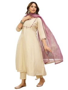 Kurta en soie beige brodée pour femmes avec pantalon et châle assortis, tenue décontractée traditionnelle indienne pakistanaise, printemps été - Product Image 2
