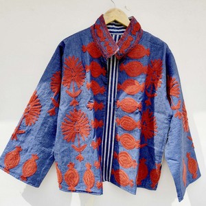 Veste en jean brodée florale indienne à col mandarin et manches trois quarts pour femme, manteau de printemps en coton respirant, style unisexe - Product Image 3