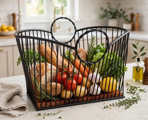 Cesta de Alambre con Asa de Anillo y Base de Madera, Tipo de Suelo, No Plegable, para Almacenamiento de Frutas y Verduras, Flexible y Portátil - Product Image 3
