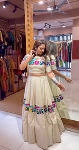 Embroidered <b>Lehenga</b> Choli Cream Floral Two Piece Dress Traditional Indian Outfit for Wedding Party Women - Product Image 3