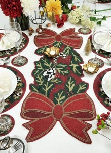 Christmas Table Runner with <b>Red</b> <b>Bow</b> and Holly Design Fabric Mats for Dining Table Decoration - Product Image 5
