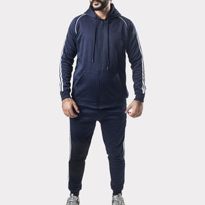 Chándal para hombre, chándal personalizado con logo, conjunto deportivo de forro polar, ropa de gimnasio para hombre, corte ajustado, con rayas, capucha y cremallera, traje deportivo. - Product Image 1