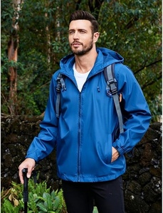 Blue Hooded Windbreaker <b>Jacket</b> Full Sleeve Zipper Closure Waterproof Casual Solid Color Regular Length Outerwear - Product Image 4