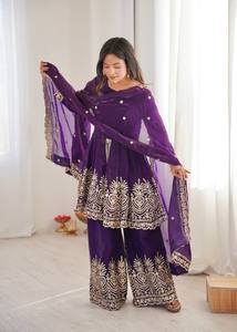 Conjunto de Salwar Kameez Bordado para Mujer con Dupatta, Color Morado, Traje para Bodas y Fiestas Pakistaníes e Indias - Product Image 5