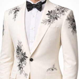 <b>White</b> Cotton Linen Beaded Crystal Embroidery Men Blazer <b>Jacket</b> <b>For</b> <b>Wedding</b> Groom Party Stage Performance Ceremony Reception Wear - Product Image 4