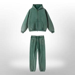 Sun Faded Distressed Streetwear Hooded 100% Cotton Joggers Acid Wash <b>Set</b> <b>Embroidery</b> DTG Logo Flared Pants Tracksuit - Product Image 2