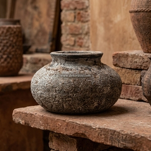 Desplo Hard Rustic Distressed Hard Grey Stone Rustic Patina Terracotta Clay Handcrafted <b>Ceramic</b> Squat Pot Vase Bowl Decorative - Product Image 3