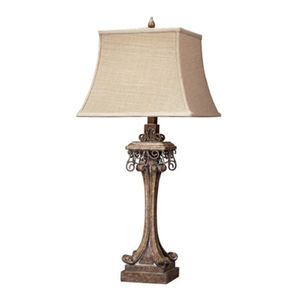 Lampe de table sculptée en résine bronze antique avec abat-jour en tissu texturé beige, lampe de chevet décorative pour salon et chambre à coucher - Product Image 1