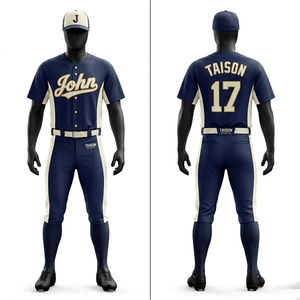 Uniforme de baseball pour hommes, maille polyester respirante de qualité supérieure 180 GSM, ensemble blanc et bleu marine à rayures fines, logo personnalisé brodé en twill. - Product Image 5
