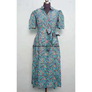 Vestido Midi de Algodón Puro para Mujer, Estampado Floral Hecho a Mano, Estilo Casual para el Día a Día, para Fiestas, Estilo Dulce con Patrón Sólido - Product Image 1