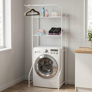 Organisateur de salle de bain moderne en métal blanc réglable à 2 niveaux sur le rangement de la machine à laver avec montage en coin-pour hôtels - Product Image 1