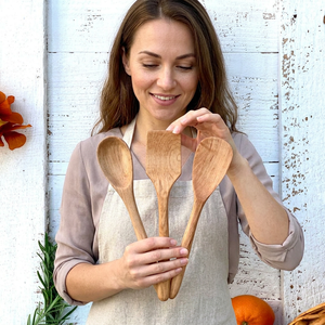 Handmade Collection 3-Piece Wood <b>Cooking</b> Utensils Set Holder for Storage Includes Spatula Ladle Strainer Mixing - Product Image 1