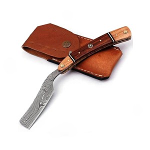 Oferta Especial: Navaja de Afeitar Recta de Acero de Damasco Hecha a Mano, de Espiga Completa, Duradera, con Funda de Cuero para Uso en Barberías - Product Image 1