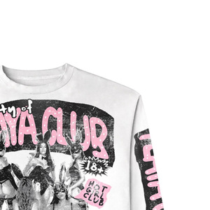 Oversized Crop <b>Long</b> <b>Sleeve</b> <b>T</b>-<b>Shirt</b> With Bunny Print Streetwear Style O-Neck Jersey Fabric Men's <b>White</b> Cotton Top - Product Image 4