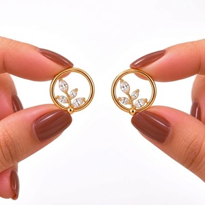 Pendientes de Oro de 14K con Diamantes Cultivados en Laboratorio, Diseño de Hoja, Corte Marquesa, Pendientes de Plata, Aros Circulares Botánicos, Inspirados en la Naturaleza, Regalo Nupcial - Product Image 5