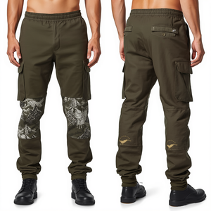 Pantalon cargo empilé pour homme de qualité supérieure, couleur olive, avec impression graphique intense et broderies, style utilitaire tendance - Product Image 1