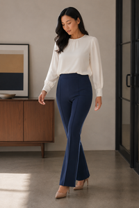 Pantalones de Mujer de Cintura Alta, Corte Acampanado, Color Sólido, Antiarrugas, Largos, Corte Regular, Elegantes, para Oficina - Product Image 6