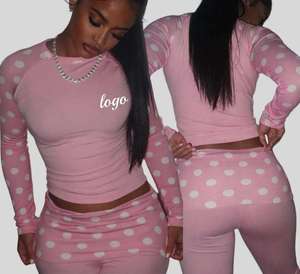 Ensemble 2 pièces pour femmes grandes tailles : Crop top licou et pantalon ample à manches longues, imprimé personnalisé à pois avec détails en dentelle - Product Image 3