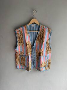 <b>Quilted</b> Tiger Print Vest Women's V-Neck Sleeveless <b>Jacket</b> Summer Animal <b>Pattern</b> Patch Pocket Outerwear GIFT FOR HER - Product Image 1