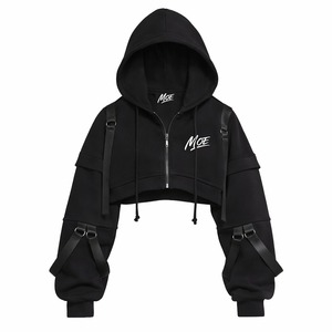เสื้อสเวตเชิ้ตมีฮู้ดครอปสำหรับผู้หญิง MOE แขนยาวมีซิปด้านหน้า โลโก้ถัก สีดำ สไตล์ฮิปฮอป สำหรับใส่ในฤดูใบไม้ร่วง - Product Image 1