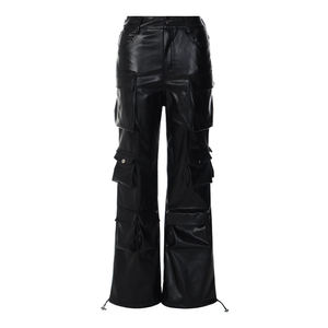 High Waist PU Cargo <b>Pants</b> <b>Women's</b> Loose Fit Full Length Utility Style With Multiple Pockets Autumn Wear <b>Black</b> - Product Image 5