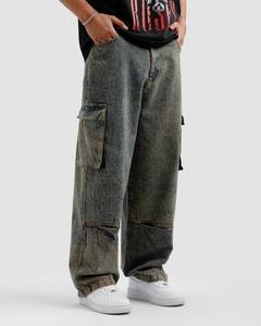 Pantalon cargo pour homme, taille mi-haute, coupe droite, respirant, patchwork, délavage à la pierre, longueur intégrale, style hip-hop, poches, fermeture à cordon - Product Image 3