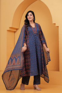 Latest <b>Women</b> Navy Blue Ethnic Printed <b>Kurta</b> Set with Dupatta | Traditional Indian Ladies Suit - Product Image 2