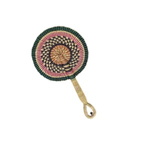 Handmade circular seagrass handheld <b>fan</b> in dark green <b>pink</b> and gold colors artisan woven cooling accessory for home interior and - Product Image 1