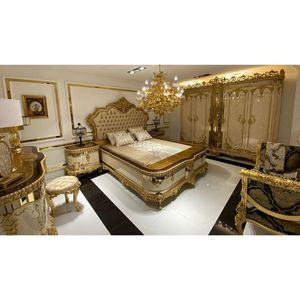 Juego de dormitorio de lujo de madera de teca maciza estilo Mid-Century para apartamento, con armario tallado en oro tamaño Queen/California King y 2 mesitas de noche. - Product Image 1