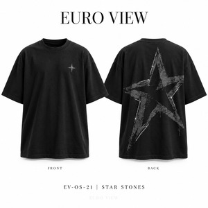 T-shirt à manches courtes col rond Euro View pour homme, coupe oversize, noir, 100 % coton, style streetwear, imprimé graphique étoiles et strass - Product Image 1