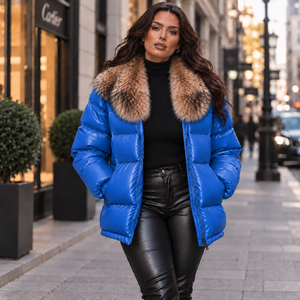 Women's Thin Blue Plaid Genuine Leather Windproof Streetwear Fox <b>Fur</b> Puffer Jacket <b>Vintage</b> <b>Coat</b> - Product Image 1