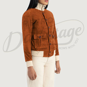 Women Tan Genuine Suede <b>Leather</b> Button Up <b>Jacket</b> Slim Fit Premium Goat Suede Casual Winter Bomber Outerwear Fashion Coat - Product Image 6
