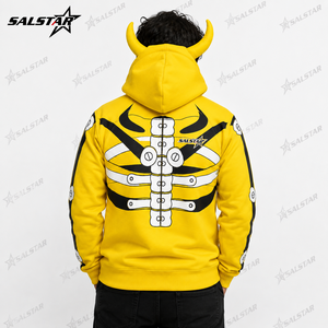 Sweat à capuche unisexe noir à imprimé squelette jaune 3D pour Halloween, personnalisable avec fermeture éclair - Product Image 4