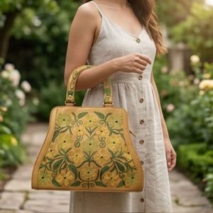 Kashmiri Crewel Embroidery <b>Top</b> Handle Bag – Tan Leather with Yellow & Green Floral Design - Product Image 4