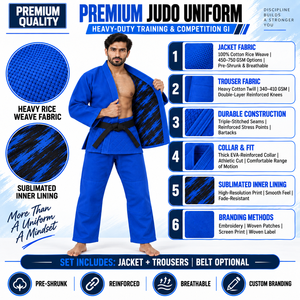 ชุดยูโดแบบ IJF  ผ้าคอตตอนเพิร์ลวีฟ 480 GSM กางเกงเสริมความแข็งแรงสำหรับการแข่งขันระดับมืออาชีพ รับผลิตแบบ OEM ODM ป้องกันแบคทีเรีย - Product Image 6