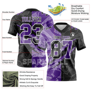 Maillot de football américain personnalisé pour homme, violet et noir, col en V, manches courtes, sublimé, 100 % polyester, anti-humidité, uniforme d'équipe - Product Image 2