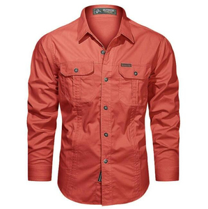 เสื้อเชิ้ตคาร์โก้แขนยาวสีเบจสำหรับผู้ชาย คอปกพับได้ แขนยาวเต็มตัว ผ้าทวิลล์ 100% ผ้าฝ้าย ระบายอากาศได้ดี เหมาะสำหรับใส่ในฤดูใบไม้ผลิ - Product Image 3