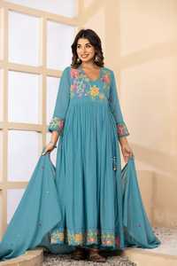 Premium Mul Cotton Angrakha Suit Set for <b>Women</b> Sky Blue Floral Embroidered Anarkali <b>Kurta</b> with Dupatta Ethnic Wear - Product Image 4