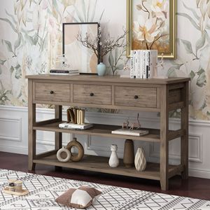 Consolle grigia con 3 cassetti e 2 ripiani aperti, gambe in legno di pino e rovere, per ingresso appartamento, mobile da divano per l'arredamento della casa - Product Image 5
