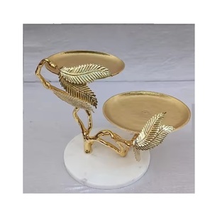 Premium food display Two Tier Gold Leaf <b>Cake</b> <b>Stand</b> with <b>Marble</b> Base Metal Dessert Display Tray - Product Image 1