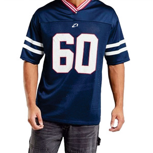 Maillot de football américain rétro pour homme, en maille respirante, polyester, manches rayées, numéro imprimé, t-shirts de sport en maille bleue - Product Image 4