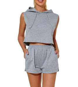 Ensemble de survêtement court pour femme OEM ODM, style streetwear, imprimé uni, respirant, sweat-shirt et short, tenue décontractée sportive, 100 % coton - Product Image 1