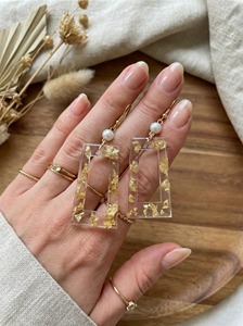 Handmade Resin Earrings With Gold Leaf And Pearl Luxury Style Clear Rectangular <b>Drop</b> Earrings - Product Image 5
