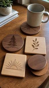 Ensemble de sous-verres en bois brut avec motifs d'arbre, de soleil et de feuilles, formes rondes et carrées, tapis résistants à la chaleur pour la décoration de table, style Wabi Sabi - Product Image 1