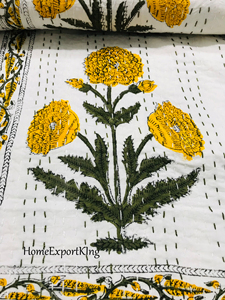 Hand Block Yellow Floral Kantha <b>Quilt</b> Eco-Friendly Cotton Classic Design All-Season Home Decor <b>Bedspread</b> Rajasthan - Product Image 5